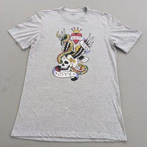 Ed Hardy Size S/M Men's T-Shirt New York City Print Gray Short Sleeve Skull NEW
